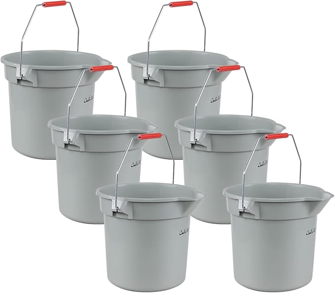 6 Packs Commercial Pail Bucket, Heavy-Duty 14-Quart Cleaning Spout Bucket with Handle, Grey