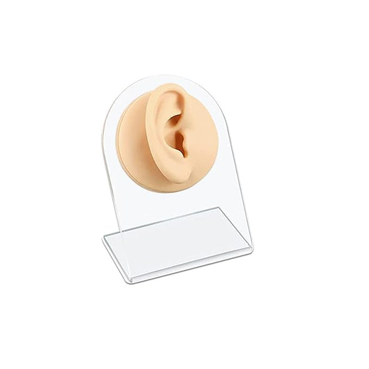 TOUNALKER 1Pcs Soft Silicone Ear Model, Reused Flexible Ear Mold Fake Ear with Acrylic Stand Ears Stud, Simulation Rubber Ear for Piercing Practice Jewelry Display