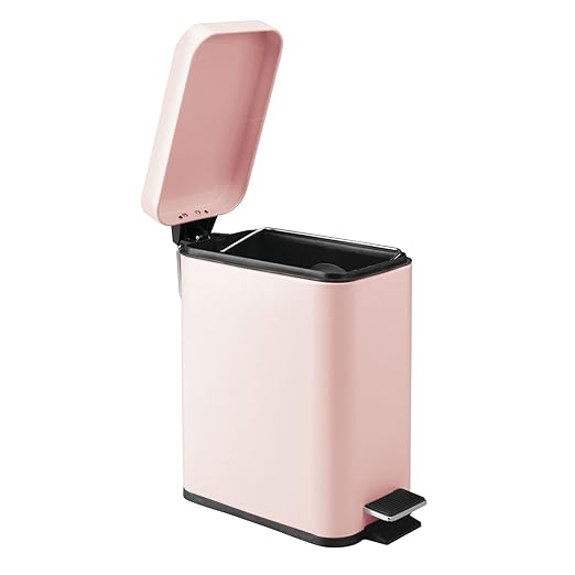 mDesign Small Modern 1.3 Gallon Rectangle Metal Lidded Step Trash Can, Compact Garbage Bin with Removable Liner Bucket and Handle for Bathroom, Kitchen, Craft Room, Office, Garage - Light Pink