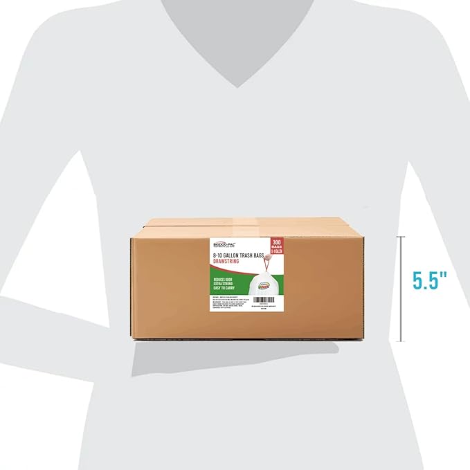 8-10 Gallon Trash Bags Drawstring, 300 Count, White & Unscented Garbage Bags Multi-purpose for Business Home Bathroom Kitchen Commercial and Industrial