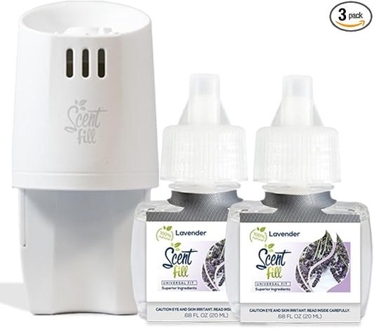 Scent Fill 100% Natural Lavender Plug in Air Freshener, Scented Oil Refills, 2 Refills + Diffuser