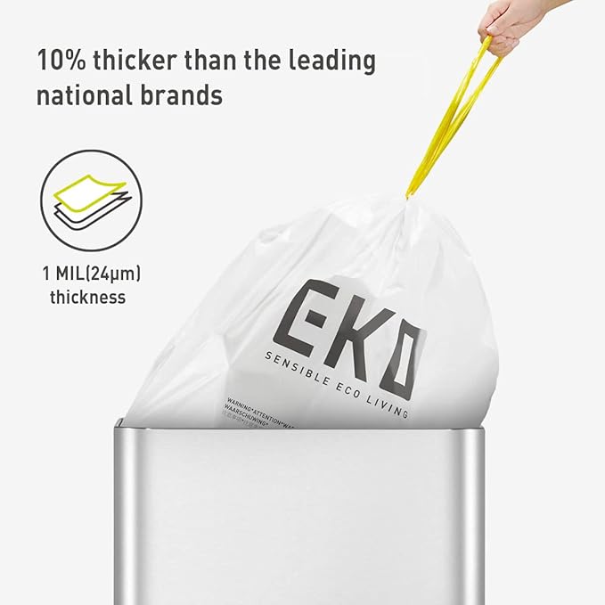 EKO 13 Gallon / 40-60 Liter, 60 Count Drawstring Trash Bags, Extra-Strong Unscented Garbage Bags, Easy-Dispense Roll for Kitchen & Household Use, Leak-Resistant, Code F, White