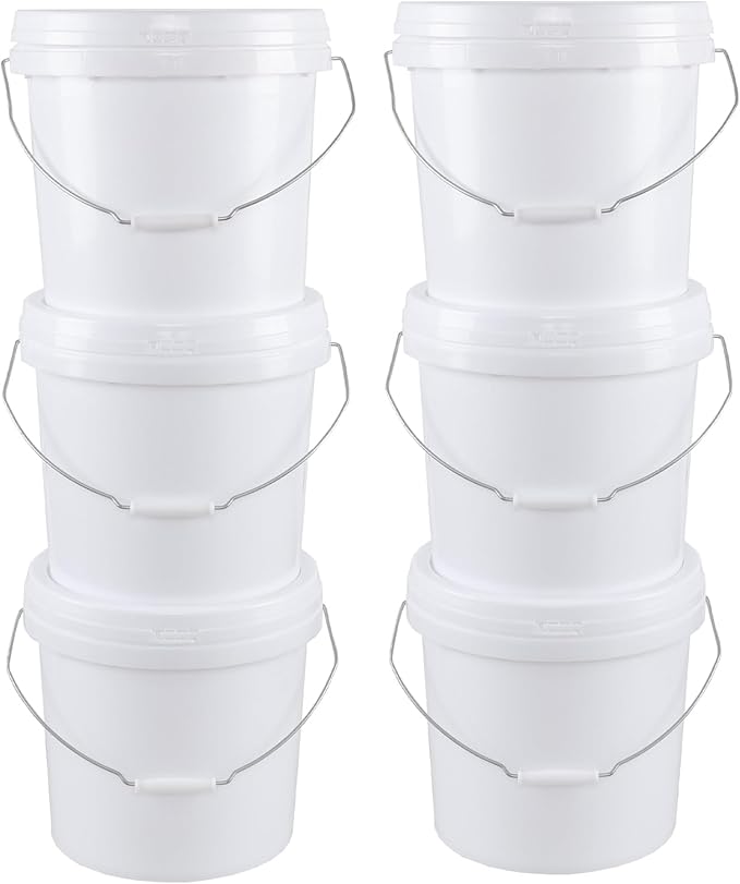 6 Pack 4 Gallon Plastic Storage Buckets Pails with Sealed Lids, Round Food Grade Buckets with Handle, White