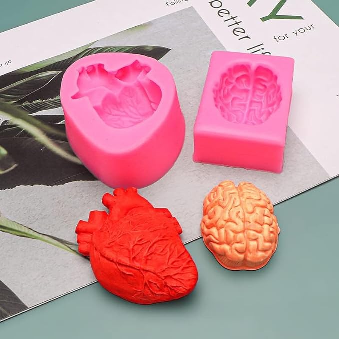 2 Pack Organ Shape Silicone Heart Brain Epoxy Resin Decoration Plaster Candle Aroma Fondant Mousse Chocolate DIY Aromatherapy Mold