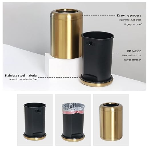 10 L/2.6Gallon,Brass Trash can,Brushed Bathroom Trash Can, Gold Wastebaske for Bathroom,Living Room,Office,Kitchen,Bedroom,Hotel (Gold)