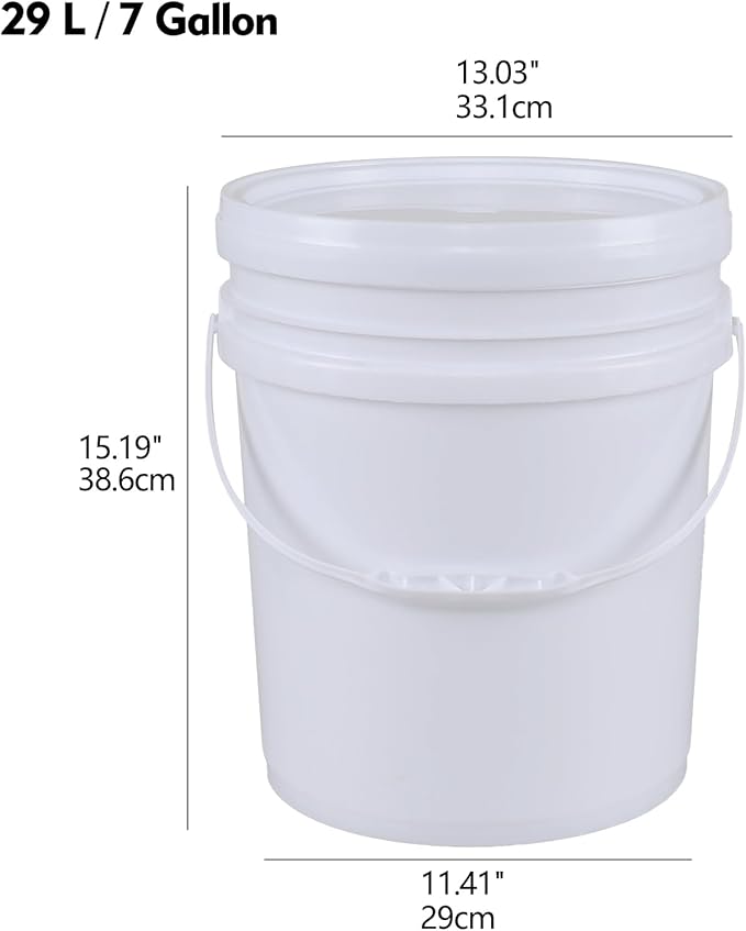 4 Packs Food Grade Bucket Pail with Plastic Handles and Lid, Plastic Bucket Pail Container with Lid, 7 Gallon, White