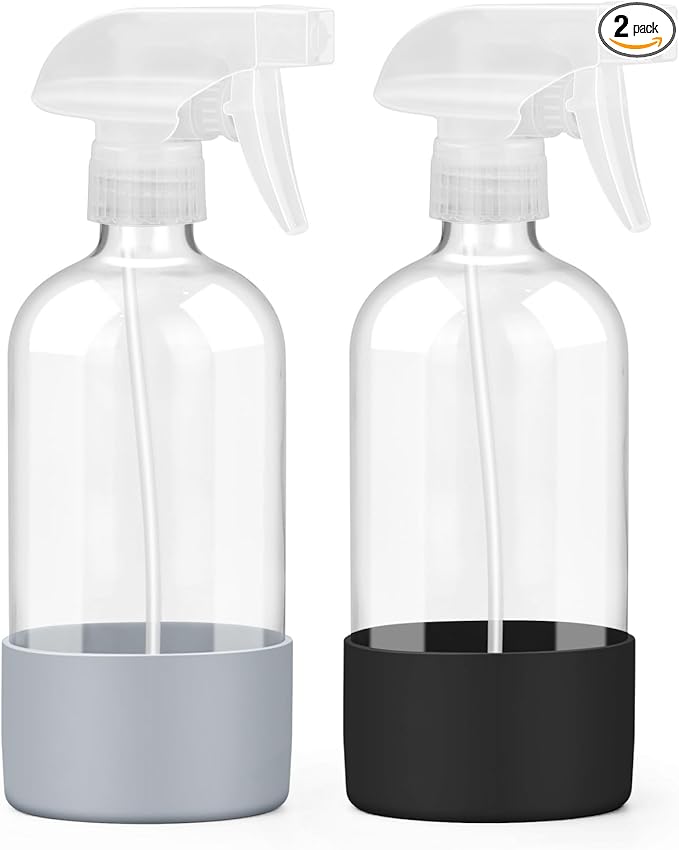 2 Pack Glass Spray Bottles with Silicone Sleeve, 16 oz Empty Refillable Containers with Adjustable Spray Nozzles, Spray Bottles for Hair, Cleaning Solutions and Plants Black&Grey