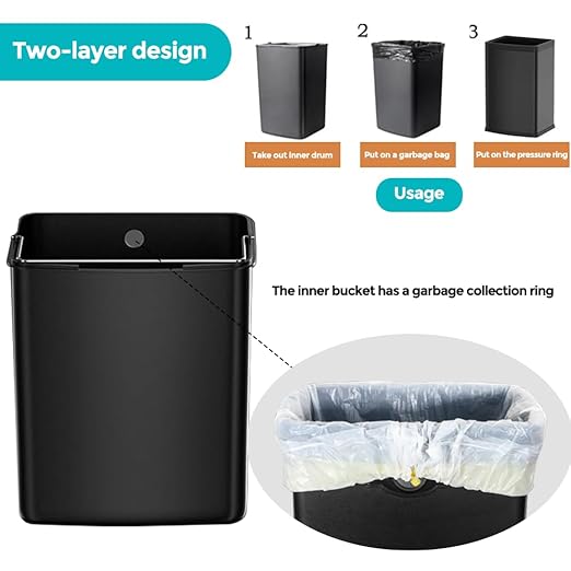 4 Gallon/15L Square Trash bin, Double Layer Bathroom Trash cans,Large Capacity,Elegant Garbage Can, for Home,Kitchen,Office,Hotel(15L Black)