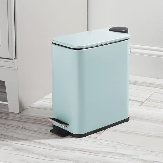 mDesign Slim Metal Rectangle 1.3 Gallon/5 Liter Trash Can with Step Pedal, Easy-Close Lid, Removable Liner - Narrow Wastebasket Garbage Container Bin for Bathroom, Bedroom, Kitchen - Matte Mint Green