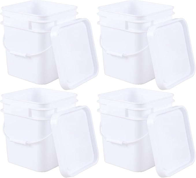 4 Pack Food Plastic Utility Pail with Lid and Handle, 3 Gallon Square Buckets for Storage Food, White
