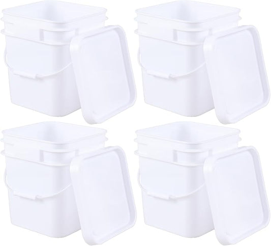 4 Pack Food Plastic Utility Pail with Lid and Handle, 3 Gallon Square Buckets for Storage Food, White