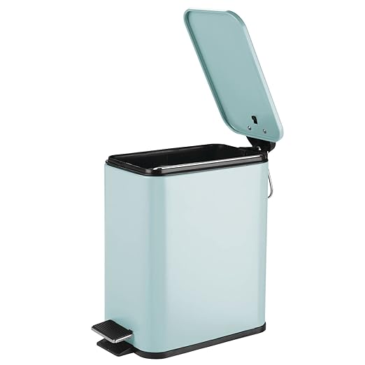mDesign Slim Metal Rectangle 1.3 Gallon/5 Liter Trash Can with Step Pedal, Easy-Close Lid, Removable Liner - Narrow Wastebasket Garbage Container Bin for Bathroom, Bedroom, Kitchen - Matte Mint Green