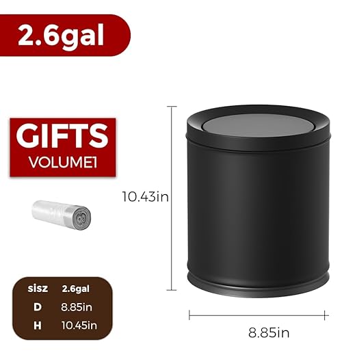 10L/2.6GAL Black Bathroom Trash Can with Swing Lid,Bedroom Garbage can with lid, Small Trash Bin for Bathroom,Bedroom,Office,Living Room,Hotel,Bank