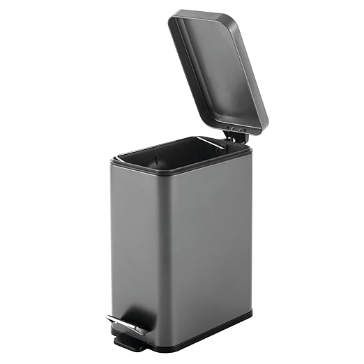 mDesign Pedal Bin — Waste Bin with Pedal, Lid and Plastic Bucket Insert for Bathroom, Kitchen, and Office — Metal Household Rubbish Bin with Ergonomic Design — Dark Grey