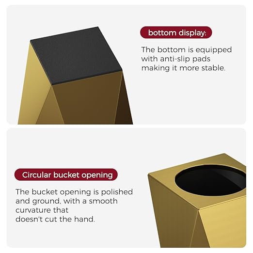2.6GAL Gold Bathroom Trash Can,Brass Tarsh Can,Open Top,Stainless Steel,Waterproof,Double-Layer with Inner Lining for Bathroom,Bedroom,Office,Living Room,Hotel (Gold)