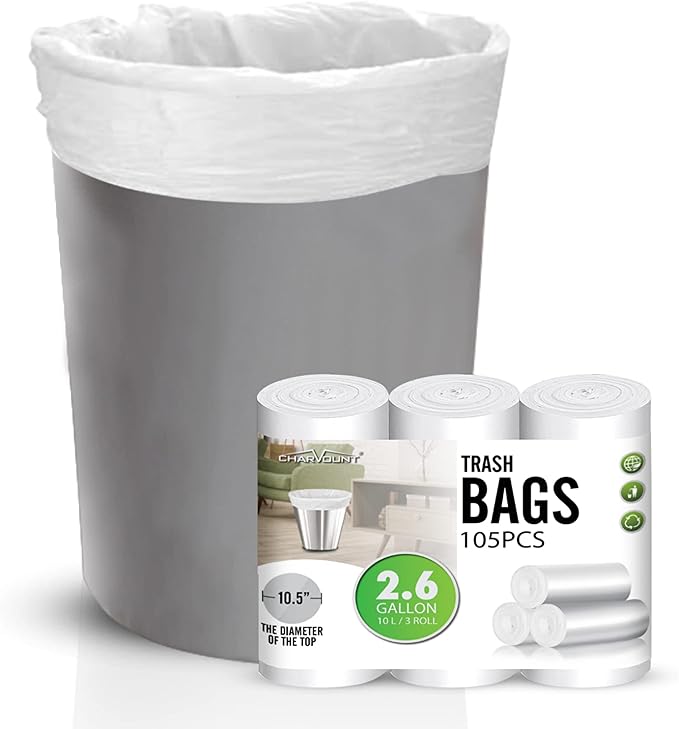 Charmount Small Trash Can Liners, Garbage Bags for Bathroom, Kitchen, Office, Bedroom, 2.6 Gallon, Unscented,105 Counts (White) …