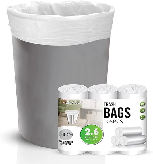 Charmount Small Trash Can Liners, Garbage Bags for Bathroom, Kitchen, Office, Bedroom, 2.6 Gallon, Unscented,105 Counts (White) …