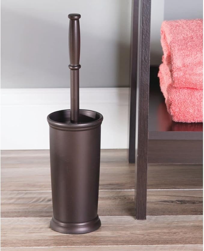 mDesign Toilet Bowl Brush and Holder - Covered Bathroom Toilet Brush - Standing Toilet Bowl Scrubber in Modern Holder - Compact, Space Saving, Deep Cleaning Brush for Toilet - Hyde Collection - Bronze