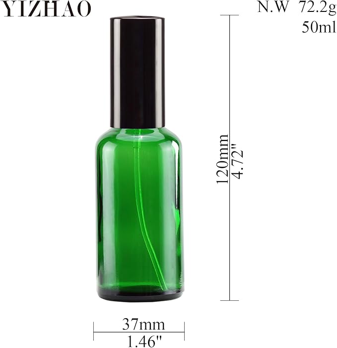YIZHAO Green Glass Spray Bottles 2oz, with Small Fine Mist Spray, Metal Cap, Refillable for Essential Oil,Travel,Cleaning,Perfume,Aromatherapy,Makeup – 12 Pcs