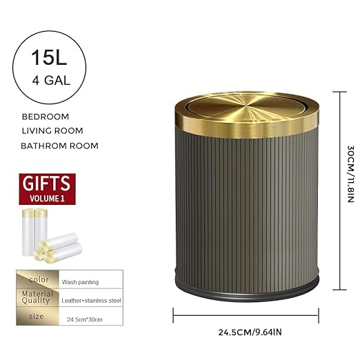 15L/4GAL Gold BedroomTrash can,Gold Bathroom Garbage can with lid，Small Trash Can with Flipping Lid, 4gallon,Garbage cans for Bedroom,Kitchen，Office,Hotel(15L-Gary)