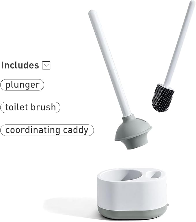 Toilet Plunger and Brush, 2 in 1 Toilet Bowl Brush Plunger Set with Holder, Bathroom Cleaning Tools Combo with Caddy Stand (White)