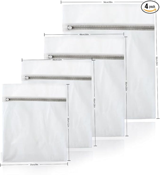 Four exquisite laundry bags, specially designed for cleaning delicate garments. They prevent the clothes from getting tangled with each other when washing bed sheets, shirts, socks and bras.