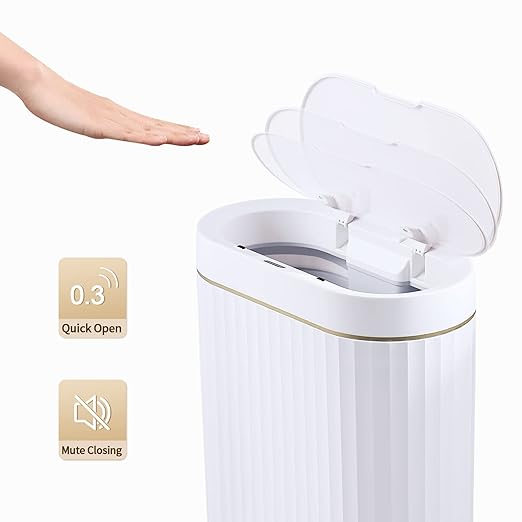 ELPHECO Bathroom Trash Can with lid 2.5 Gallon Waterproof Motion Sensor Wastebasket, Automatic Trash Bin Bathroom Decor for Bedroom and Office White with Golden Trim