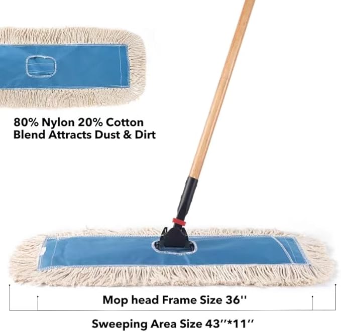 Matthew Cleaning 36'' Industrial Strength Cotton Dust Mop Refill Washable Replacement Heads for Residential & Commercial Use Fit Standard Dust Mop Frames, Hardwood, Concrete Floors Blue&White 3 Pack