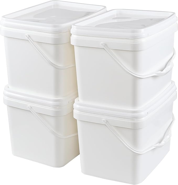 5 Gallon Rectangular Plastic Bucket Pail with Lid, 4 Pack White Square Bucket Pail Container with Handle for Food Storage