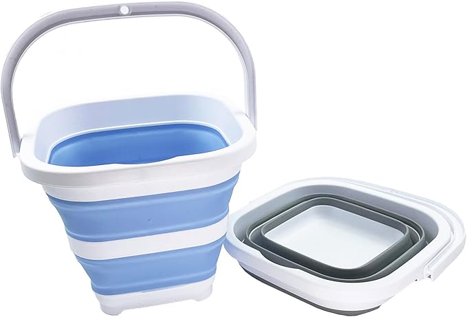 SAMMART Collapsible Rectangular Cleaning Bucket 5L (1.3 Gallon)- Foldable Camping Beach Sand Water Pot Pail- Portable Space Saving Tub for Household, Outdoor Car Washing (Grey + Baby Blue (Set of 2))