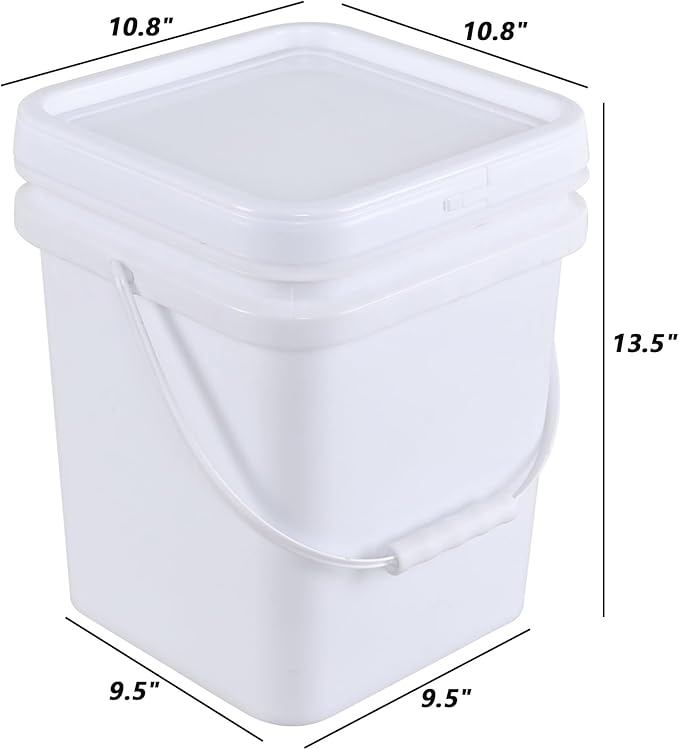 4.8 Gallon Plastic Square Bucket with Lid, 4 Pack White Food Bucket Pail with Handle