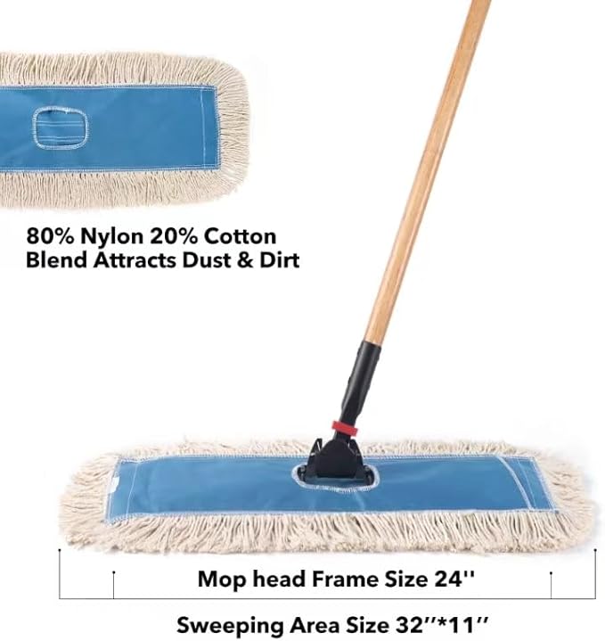 Matthew Cleaning 24'' Industrial Strength Cotton Dust Mop Refill Washable Replacement Heads for Residential & Commercial Use Fit Standard Dust Mop Frames, Hardwood,Concrete Floors Blue&White 3 Pack