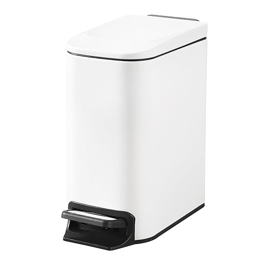 Slim Bathroom Trash Can with Lid Stainless Steel Garbage Can with Removable Inner Bucket Small Wastebasket with Step Pedal for Toilet Office Bedroom (Matte White, 1.8 Gallons)