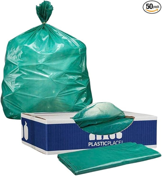 Plasticplace 64-65 Gallon Trash Can Liners for Toter │ 1.5 Mil │ Green Heavy Duty Garbage Bags │ 50” x 60” (50 Count) (W65LDGTL)