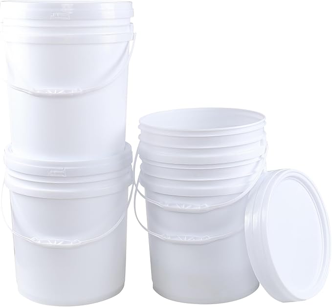 7 Gallon White Plastic Bucket Pail with Lid, Set of 4 Food Storage Bucket Containers with Plastic Handle