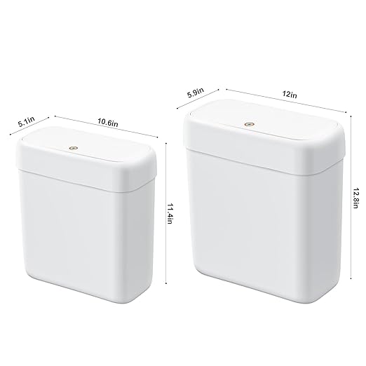 funest 2 Pack Bathroom Trash Can with Lid, 3 Gal/12 L & 2.7 Gal/10L Garbage Can with Pop-Up Lid, Small Spaces Plastic Trash Can, Slim Trash Bin Waste Basket for Bathroom,Rv, Office, White