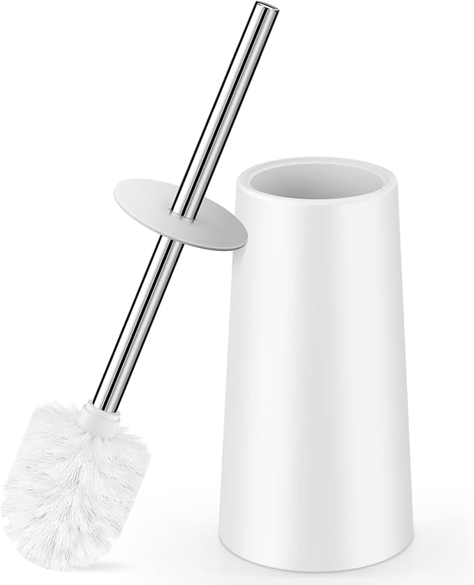 Toilet Brush and Holder, Toilet Brush with 304 Stainless Steel Long Handle, Toilet Bowl Brush for Bathroom Toilet-Elegant-Cleaning-Bristles(White)