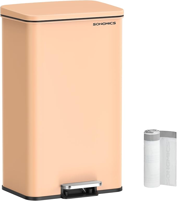 SONGMICS Kitchen Trash Can, 10.5 Gallon (40 L) Garbage Can, Large Step Trash Bin with Lid, Stainless Steel, Soft Close, 15 Trash Bags Included, Peach Fuzz ULTB540R01