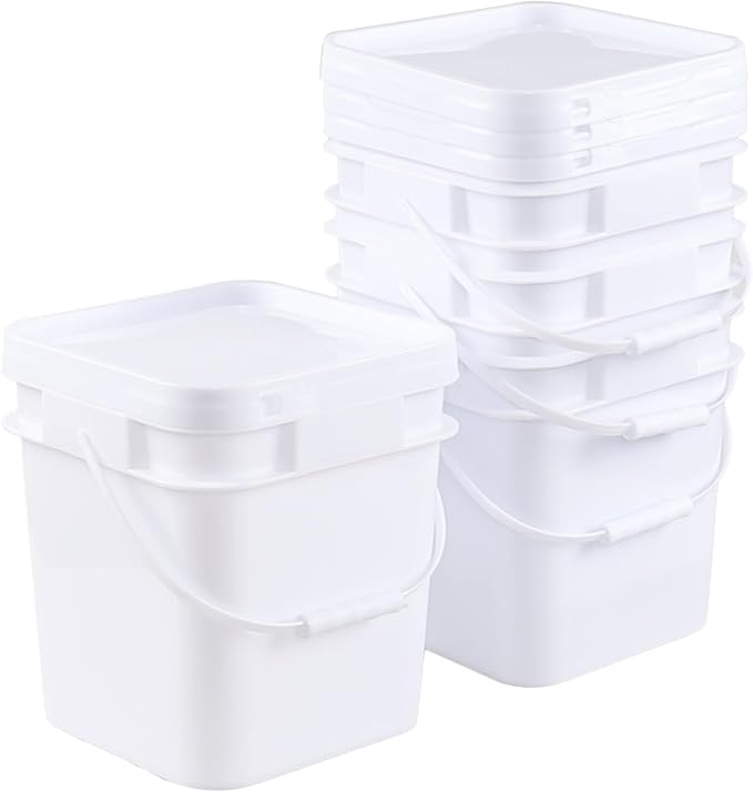 Asking 5 Gallon Versatile Square Plastic Storage Bucket Pail with Lid, 4 Pack Plastic Cleaning Bucket Pail with Handle, White