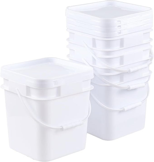 Asking 5 Gallon Versatile Square Plastic Storage Bucket Pail with Lid, 4 Pack Plastic Cleaning Bucket Pail with Handle, White