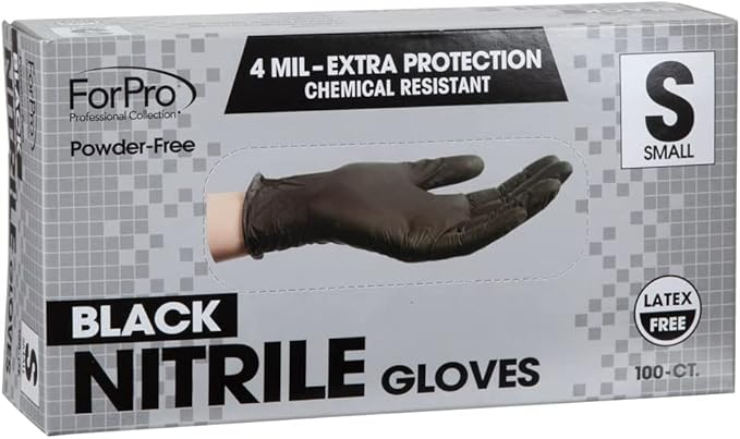 ForPro Professional Collection Disposable Nitrile Gloves, Chemical Resistant, Powder-Free, Latex-Free, Non-Sterile, Food Safe, 4 Mil, Black, Small, 1000-Count