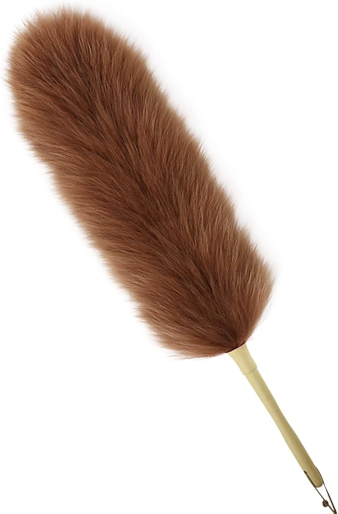 Lambs Wool Duster for Cleaning Window Blinds Computer Furniture TV Computer Screens Bookshelves Solid Wooden Handle Natural Feather Duster,26'', Brown