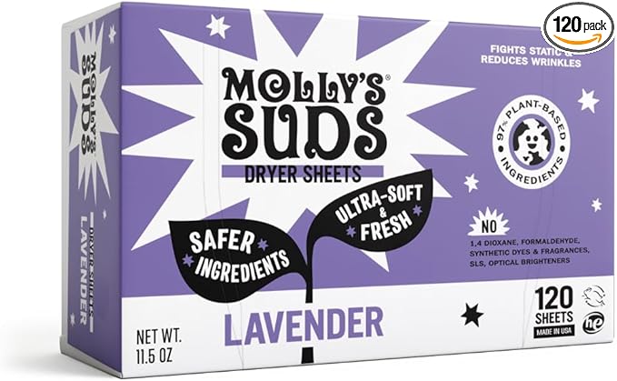 Molly's Suds Fabric Softener Dryer Sheets for Sensitive Skin | Plant-Based Static Reducer, Plastic-Free Packaging | Lavender (120 Sheets)