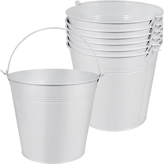 OBTANIM 7 Pack White Metal Buckets with Handle Galvanized Ice Pails for Plants, Succulents, Party Favors Organizing, Rustic Home Decor or Classrooms Pencil Storage (7.1 x 5.2 inch)