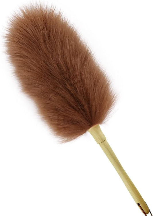 Lambswool Duster 16'' Length Solid Wooden Handle Leather Hang Strap for Cleaning Ceiling Fans Window Blinds Computer Furniture Figurines TV Natural Feather Duster,Brown