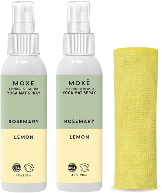 MOXE Yoga Mat Cleaner Spray, Rosemary & Lemon Essential Oil, Safe for All Mats & Exercise Equipment, Odor & Sweat Protection, Includes Microfiber Cleaning Towel, Green America Certified, 4 Oz (2 Pack)