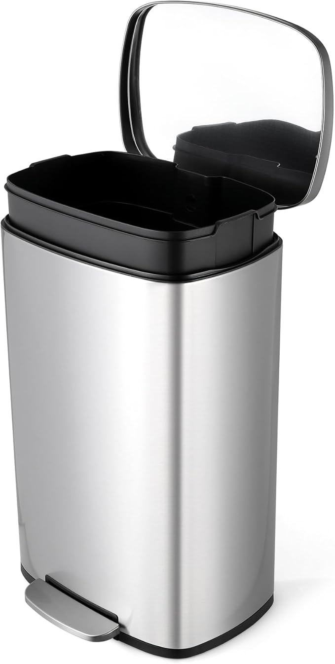 8 Gal Kitchen Trash Can, 30L Recycling or Garbage Bin, Brushed Stainless Steel Waste Basket, Soft&Quiet Close Dustbin, with Step-On Pedal, Removable Inner Bucket, for Home, Office, LIving Room