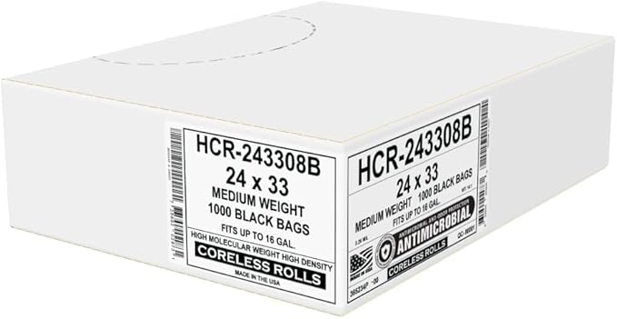 Aluf Plastics High Density Trash Bags, 16 Gallon, 1000 Count, 8 Micron (eq), 24" x 33", Black, for Bathroom, Office, Industrial, Commercial, Janitorial, Municipal, Recycling