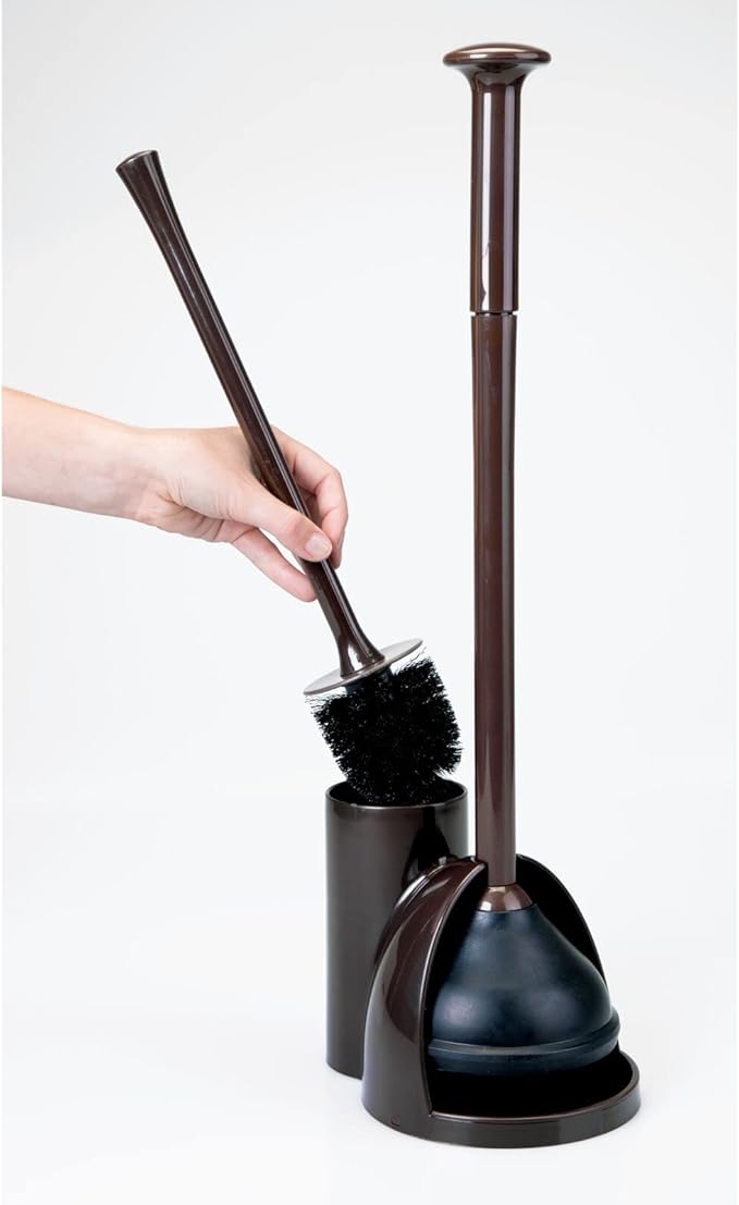 mDesign Hidden Plunger and Brush Set for Toilet Bowl - Combo with Holder Caddy - Modern Toilet Brush and Plunger Set - Aura Collection - Dark Brown