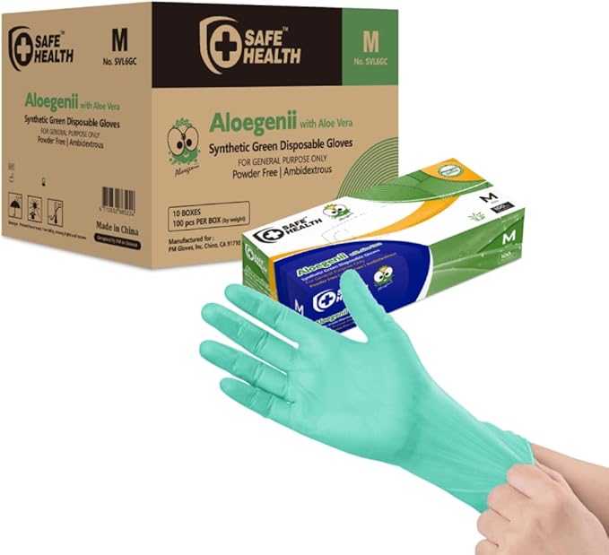 Safe Health Aloegenii HD Green Vinyl Disposable Gloves, Aloe Vera Coated, 5.5 mil, Case of 1000, Medium, Latex Free, Powder Free, Cleaning, Food Service, Office, Janitorial
